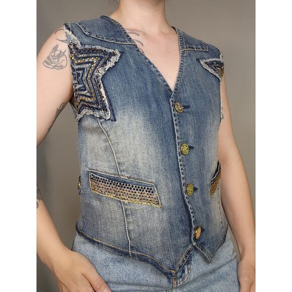 Y2k Pepe Jeans Streetwear Star Patchwork Rhinestone Distressed Denim Vest Sz Sm - Picture 3 of 9